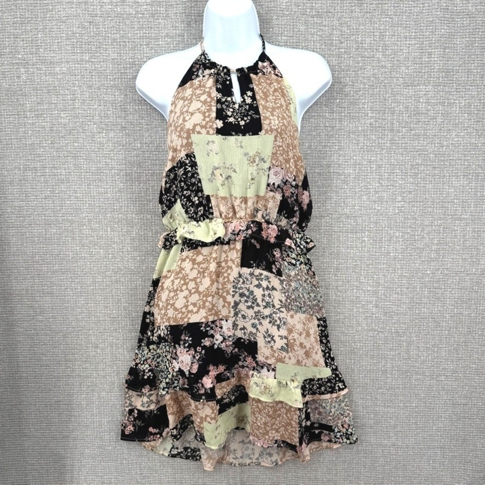 19 Cooper Patchwork Floral Halter Mini Dress Womens  Small Flowy Boho Cottage